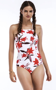 F4669-5Criss Cross Back Red Lily One-Piece Swimsuit